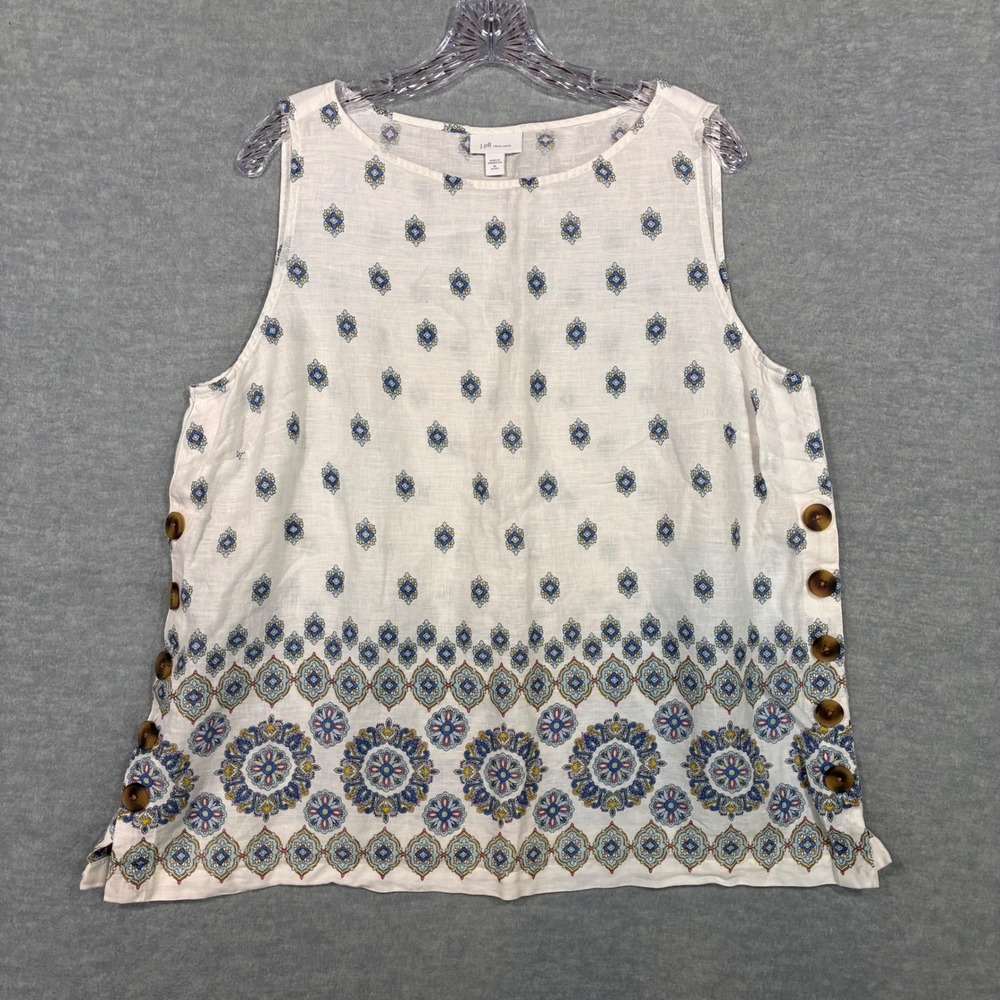 J. Jill Love Linen XL Petite White Blue Medallion Print Side Button Tank Top